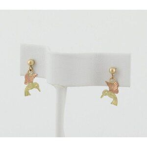 10k Yellow Gold Black Hills Gold Hummingbird Earrings Dangle Drop 5/8" x 1/4"
